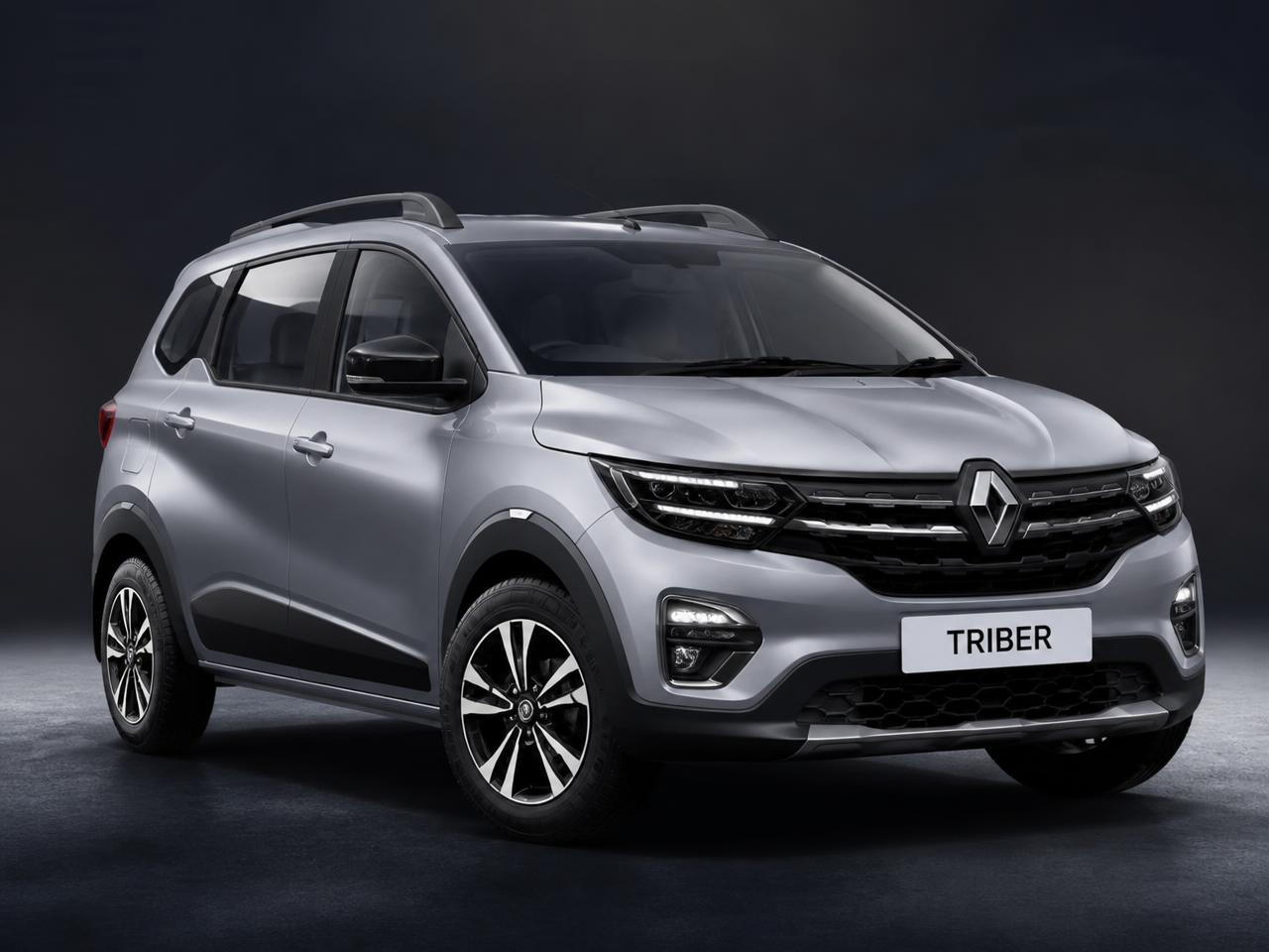 Front three-quarter view of a 2026 Renault Triber 1.0 Techno in silver grey, the grand prize vehicle in this competition